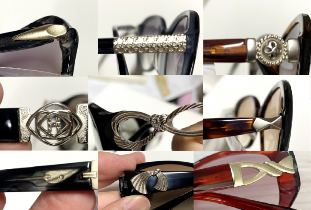 Patterned metal on the front of the temples